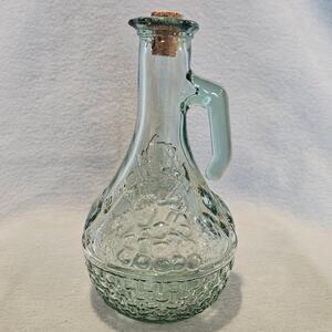 Vintage Sea Green Glass Decanter – Maple Leaves & Grapes, Made in Canada